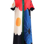 A-Line Loose Buttoned Flower Print Pleated Round-Neck Midi Dresses