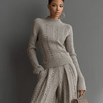 Women's Taupe Elegant Knit Textured Sweater & Wide - Leg Pants Set