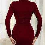 Bodycon High Waisted Drawstring Pleated Solid Color Mock Neck Mini Dresses