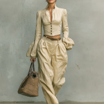 Women's Retro Linen-like Fabric Stand-up Collar Single-breasted Shirt Trousers Two-piece Set
