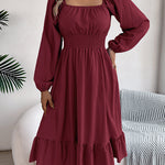 A-Line Elasticated Waist Pleated Ruffled Solid Color Square-Neck Midi Dresses