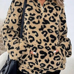 Leopard print plush half-zip stand collar top