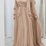 Long Sleeves Loose Pleated Solid Color Tied Waist Maxi Dresses