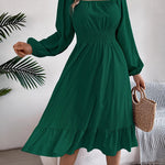 A-Line Elasticated Waist Pleated Ruffled Solid Color Square-Neck Midi Dresses