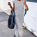 Black Stripe Chest Pocket Shoulder Padded Sleeveless Long Dress