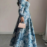 A-Line High Waisted Contrast Color Flower Print Pleated Split-Joint Square-Neck Maxi Dresses