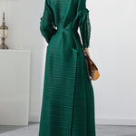 Casual Long Sleeves Loose Tied Pleated Stand Collar Midi Dresses