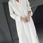 Simple Casual Solid Color Buttoned Lapel Collar Long Sleeves Midi Shirt Dress