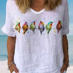 JFN Cotton & Linen Watercolor Hummingbirds Print Lounge Top