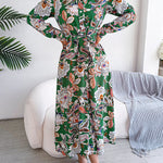 Long Sleeves Buttoned Flower Print Tied Waist Lapel Maxi Dresses