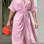 Elasticated Waist High Waisted Buttoned Pleated Solid Color Split-Joint Tied Waist Lapel Maxi Dresses Shirt Dress
