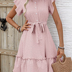 A-Line Loose Buttoned Pleated Polka-Dot Tied Waist Round-Neck Mini Dresses