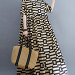 Loose Short Sleeves Plaid Round-Neck Midi Dresses