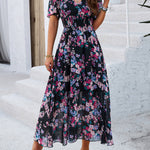 A-Line Elasticated Waist Contrast Color Flower Print Pleated Split-Joint V-Neck Maxi Dresses