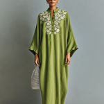 Women's Linen Blend Henley Neck Embroidered Batwing Sleeve Kaftan Maxi Dress