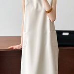 High Waisted Loose Pockets Solid Color Split-Back Zipper Round-Neck Midi Dresses