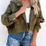 Green Large Pockets Casual Hooded Cropped Denim Jacket
