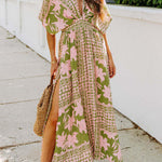 High Waist Spice Girl Dolman Sleeve V Neck Print Sexy Women's Dress