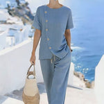 Women'S Casual Solid Color Cotton And Linen Two-Piece Set