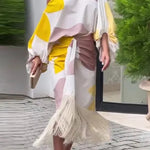 Unique Printed Balloon Sleeve Loose Top and Fringed Hem Skirt Set
