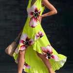 High Waisted High-Low Contrast Color Flower Print Pleated Ruffled Split-Joint V-Neck Maxi Dresses