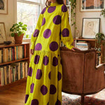 Long Sleeves Loose Big Hemline Contrast Color Pleated Polka Dot Split-Joint Half Turtleneck Maxi Dresses