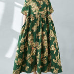 Half Sleeves Loose Flower Print Pleated Pockets Round-neck Midi Dresses