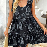 A-Line Loose Contrast Color Pleated Pockets Printed Tied Spaghetti-Neck Mini Dresses