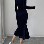 Bodycon High Waisted Buttoned Pleated Solid Color Velvet V-Neck Midi Dresses