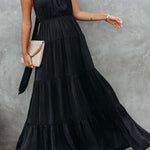 Elegant Halter Neck Tie Striped Pleated Dress