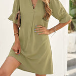 A-Line Flared Sleeves Pleated Ruffled Solid Color Split-Joint V-Neck Mini Dresses