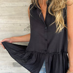 Black Plain Frill Ruffle Hem Sleeveless Shirt