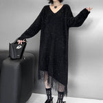 Irregularity Long Sleeves Contrast Color Sequined Shiny Split-Joint Tasseled V-Neck Midi Dresses Sweater Dresses