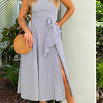 BLACK STRIPED MIDI DRESS WITH POCKETS