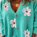 Ladies Long Sleeve Cardigan Embroidered V-Neck Knit Sweater