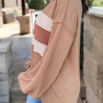 Light Beige Patchwork Corded Lantern Sleeve Top