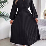 A-Line High Waisted Elasticity Pleated Solid Color V-Neck Maxi Dresses