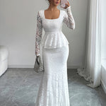 Bodycon Long Sleeves Flower Print Ruffled See-Through Solid Color Split-Joint Square-Neck Maxi Dresses