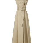 A-Line High Waisted Belted Buttoned Pockets Solid Color Round-Neck Maxi Dresses