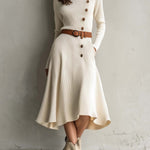 Cream Knit Midi Dress With Asymmetrical Button Detail