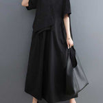 Loose Short Sleeves Pleated Solid Color Split-Joint V-Neck Midi Dresses