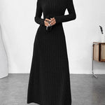 Long Sleeves Pleated Solid Color Split-Joint High Neck Maxi Dresses