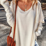 White Waffle Knit Exposed Seam Round Neck Oversized Top
