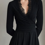 Elegant Black Lace-Trim Long Sleeve Fit-and-Flare Wrap Dress