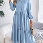 High Waisted Long Sleeves Pleated Ruffled Solid Color Lapel Midi Dresses Shirt Dress