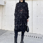 Irregularity Long Sleeves Asymmetric Mesh Pockets See-Through Solid Color Split-Joint Tasseled Stand Collar Midi Dresses