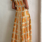 Orange V-neck Square Print Wavy Maxi Skirt