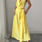 High Waisted Sleeveless Pleated Solid Color Tied Waist Halter-Neck Midi Dresses