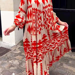 A-Line Long Sleeves Buttoned Contrast Color Pleated Printed Split-Joint Stand Collar Maxi Dresses Shirt Dress