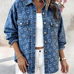 Valentines Blue Turndown Collar Long Sleeve Jacquard Casual Pocket Denim Cardigans